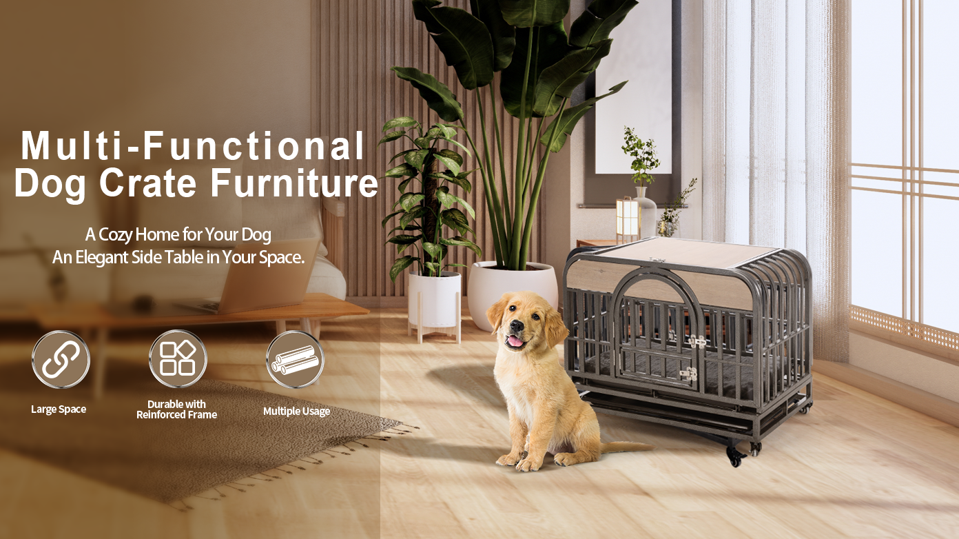 46-Inch Heavy Duty Furniture-Style Dog Crate with Removable Trays & Wheels – Ideal for High Anxiety Dogs